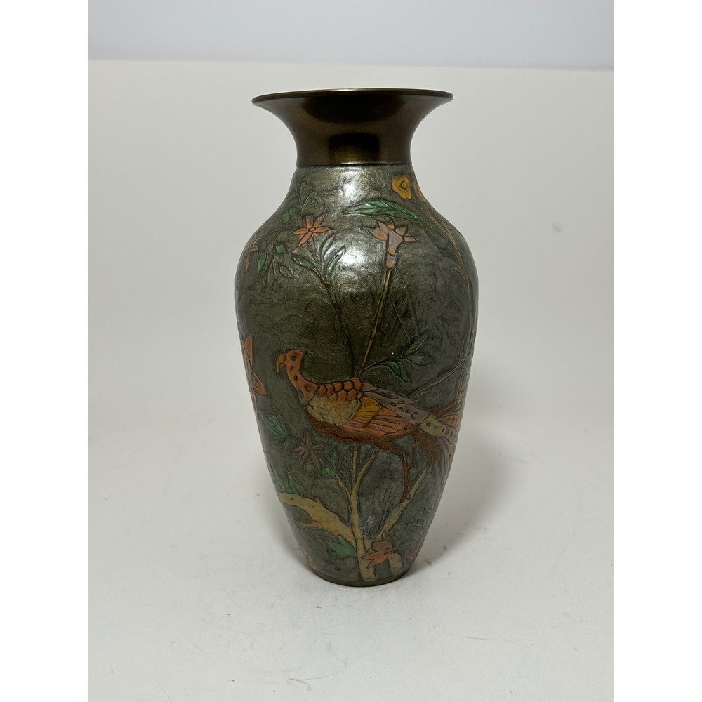 Vintage Solid‎ Brass Etched Peacock Vase Hand Painted Enamel Made in India 8.5in